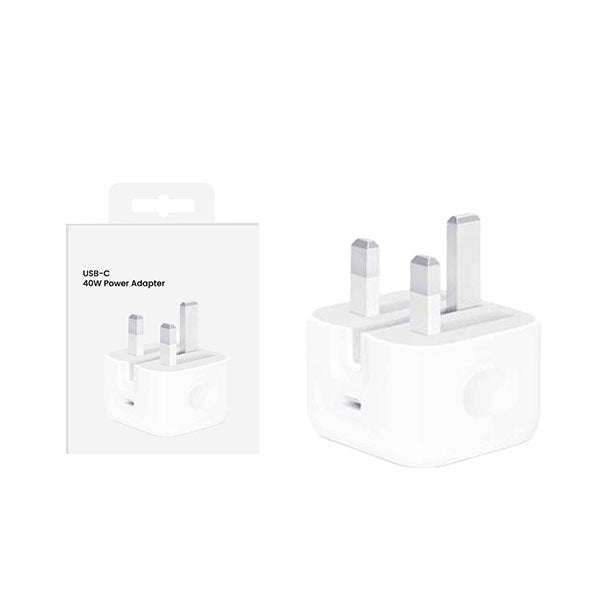 Prime Tech Store iPhone 17 Pro Max 40W UK plug USB-C power adapter with compact design and folding prongs.