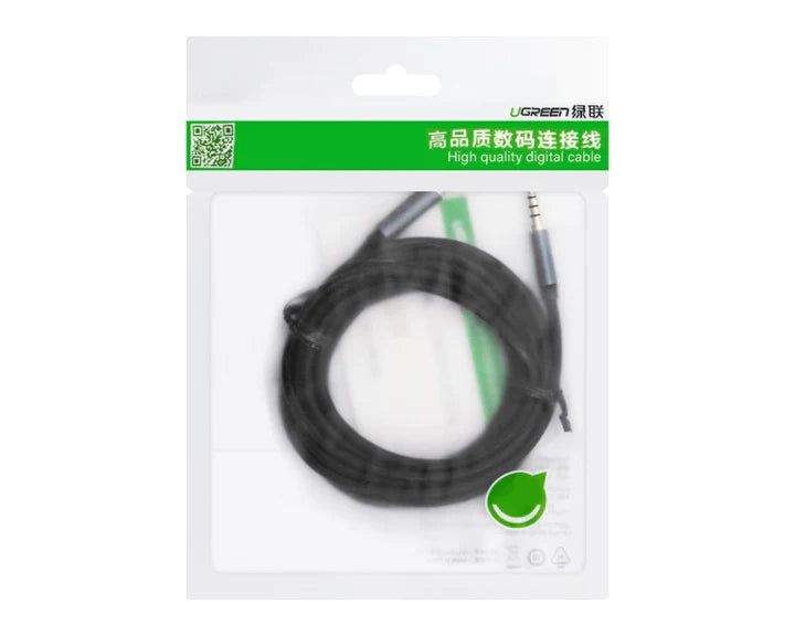 UGREEN 3.5mm extension audio cable in black, 2 meters long, with gold-plated connectors for enhanced sound quality.