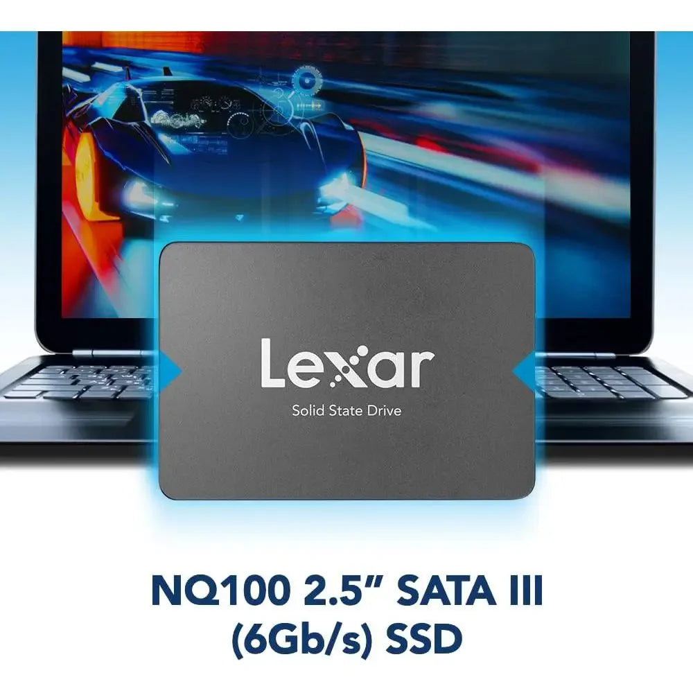 Lexar NQ100 256GB 2.5-inch SATA SSD in black with label, showcasing fast storage solution for computers.