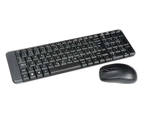 Wireless Logitech MK220 keyboard and mouse set with compact design and black finish, ideal for home or office use.