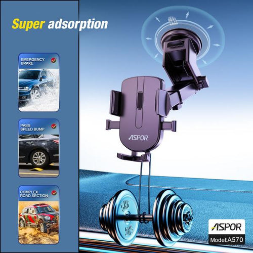 Aspor A570 360° rotatable car mobile phone holder stand mounted on a dashboard with a smartphone secured in place.