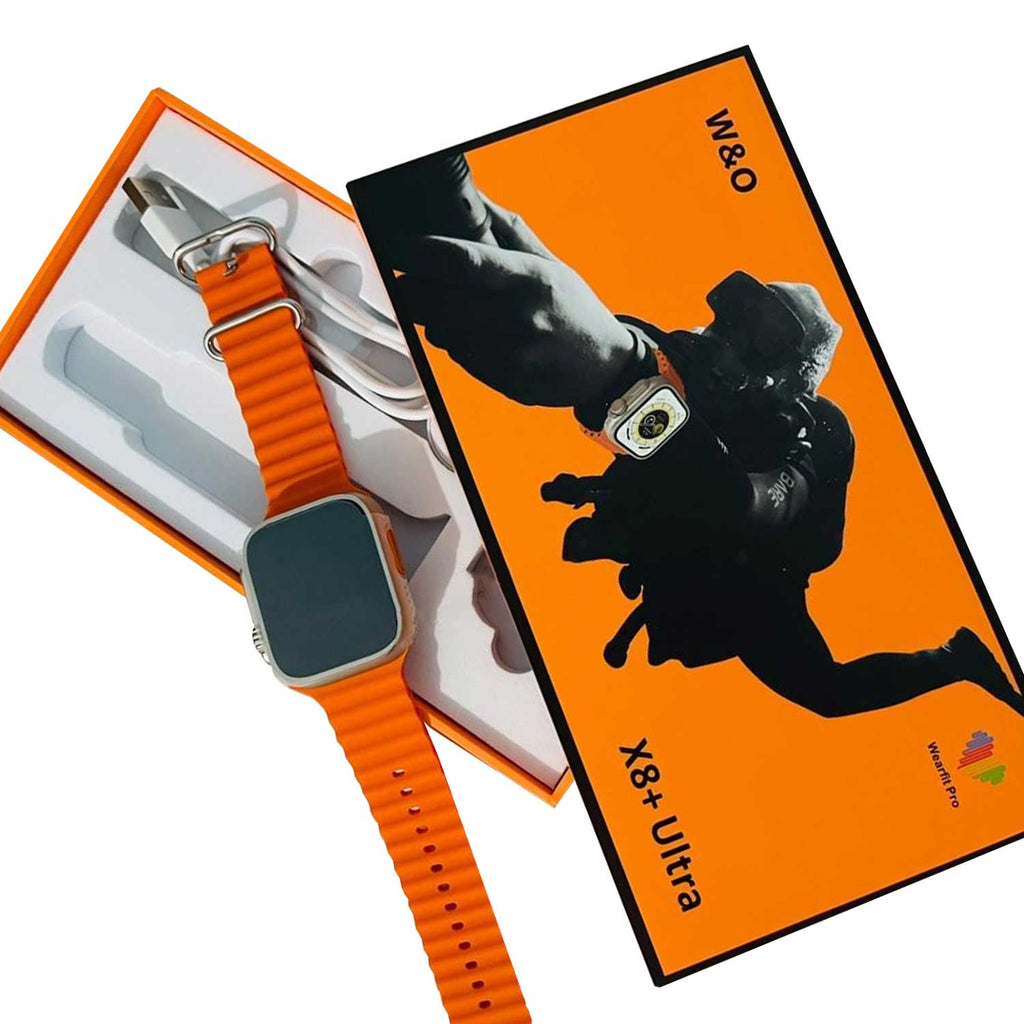 Prime Tech Store X8 Plus Ultra Smart Watch Series 8 with orange band, 2.08-inch display, NFC, wireless charging, and Wearfit Pro app.