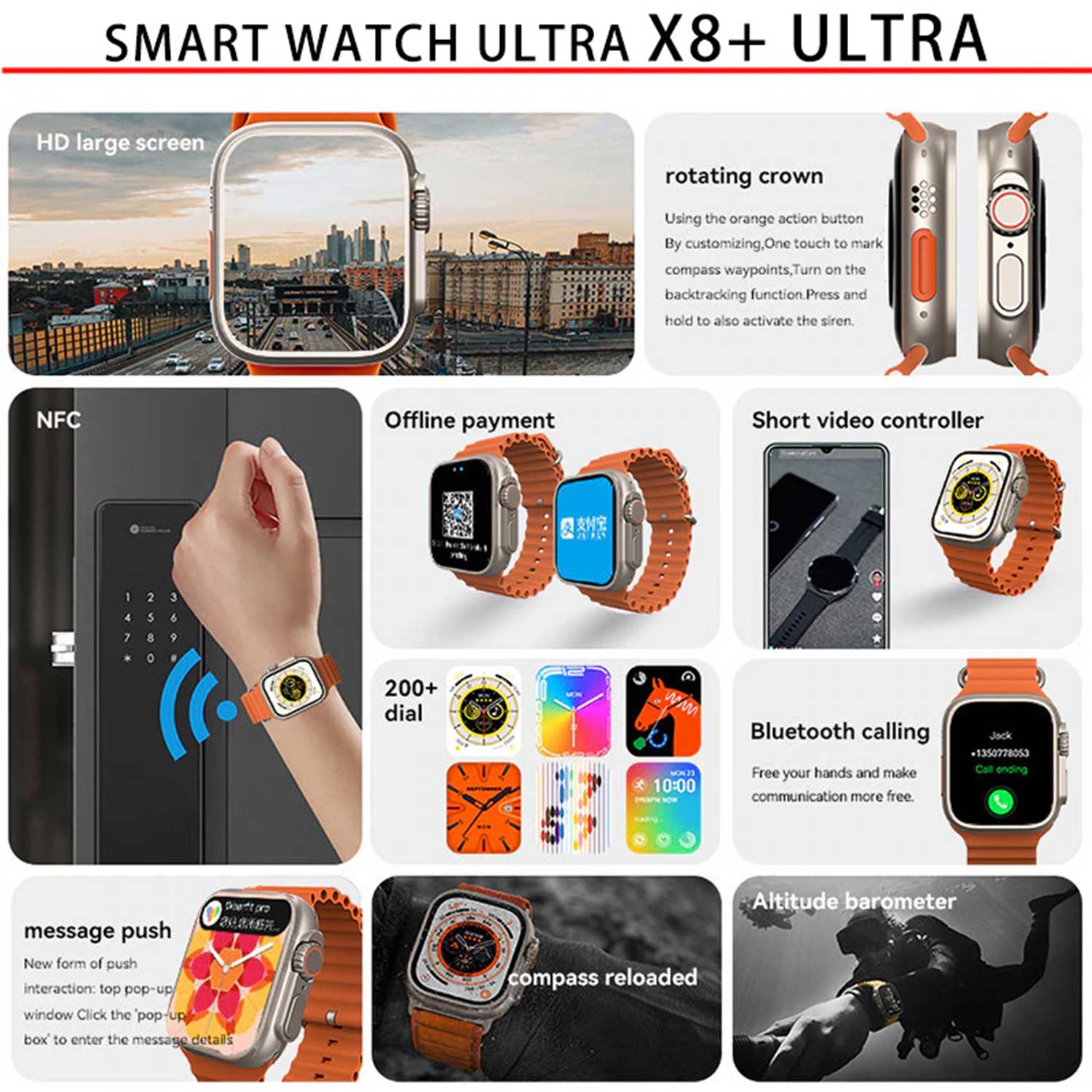 Prime Tech Store X8 Plus Ultra Smart Watch Series 8 with orange band, 2.08-inch display, NFC, wireless charging, and Wearfit Pro app