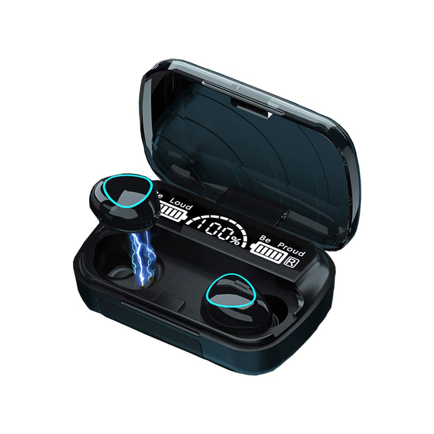 Prime Tech Store M10 wireless Bluetooth AirPods with noise cancellation and HiFi sound, showcasing sleek black earphones with charging case.