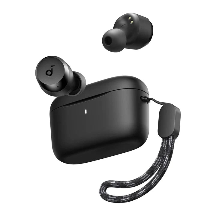 Anker Soundcore A20i wireless earbuds in black with charging case, showing sleek TWS earbud design and compact charging accessories.