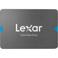 Lexar NQ100 256GB 2.5-inch SATA SSD showing the sleek black drive with label and connectors for computer storage upgrade