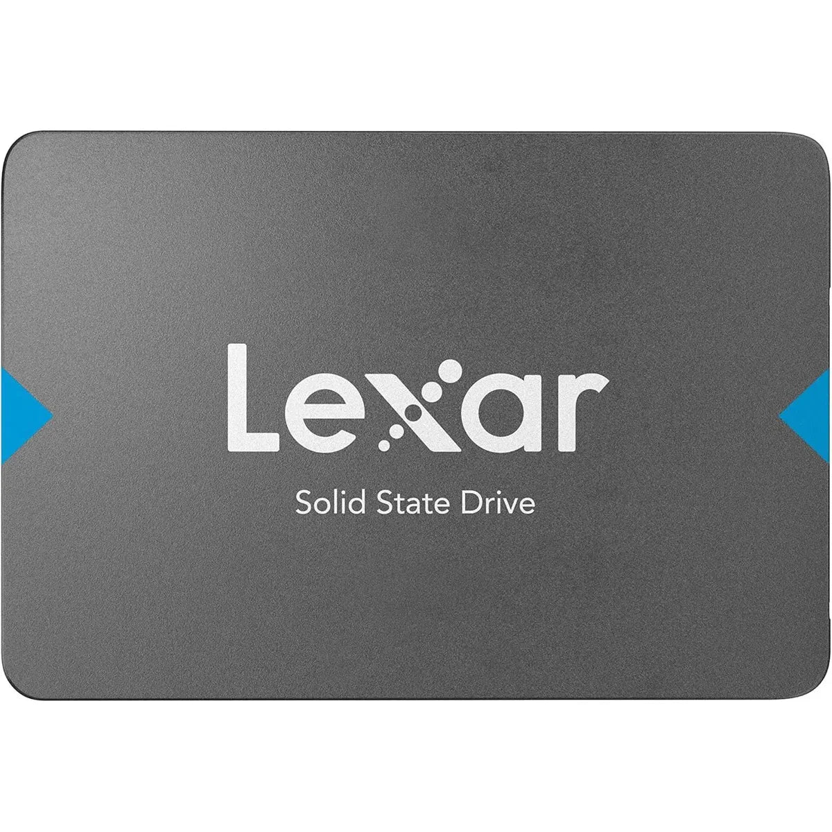 Lexar NQ100 256GB 2.5-inch SATA SSD showing the sleek black drive with label and connectors for computer storage upgrade
