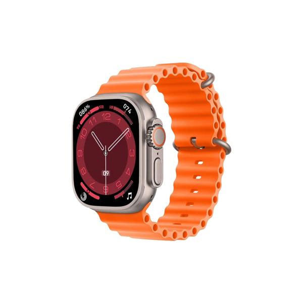 Prime Tech Store X8 Plus Ultra Smart Watch Series 8 with 2.08-inch display, orange band, NFC, wireless charging, and Wearfit Pro app.