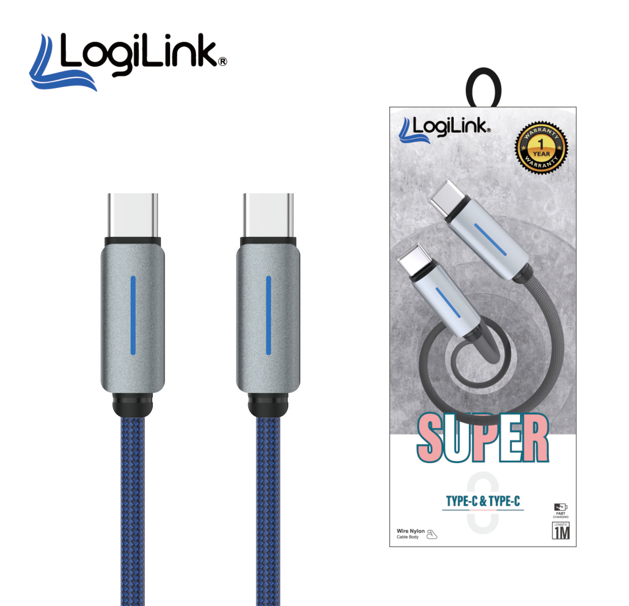 Blue 1m Prime Tech Store Logilink Type C to Type C nylon fast charging and data cable with LED light indicator.