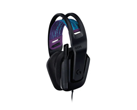 Logitech G335 wired gaming headset with 3.5mm audio jack, black design, adjustable headband, and cushioned ear cups.