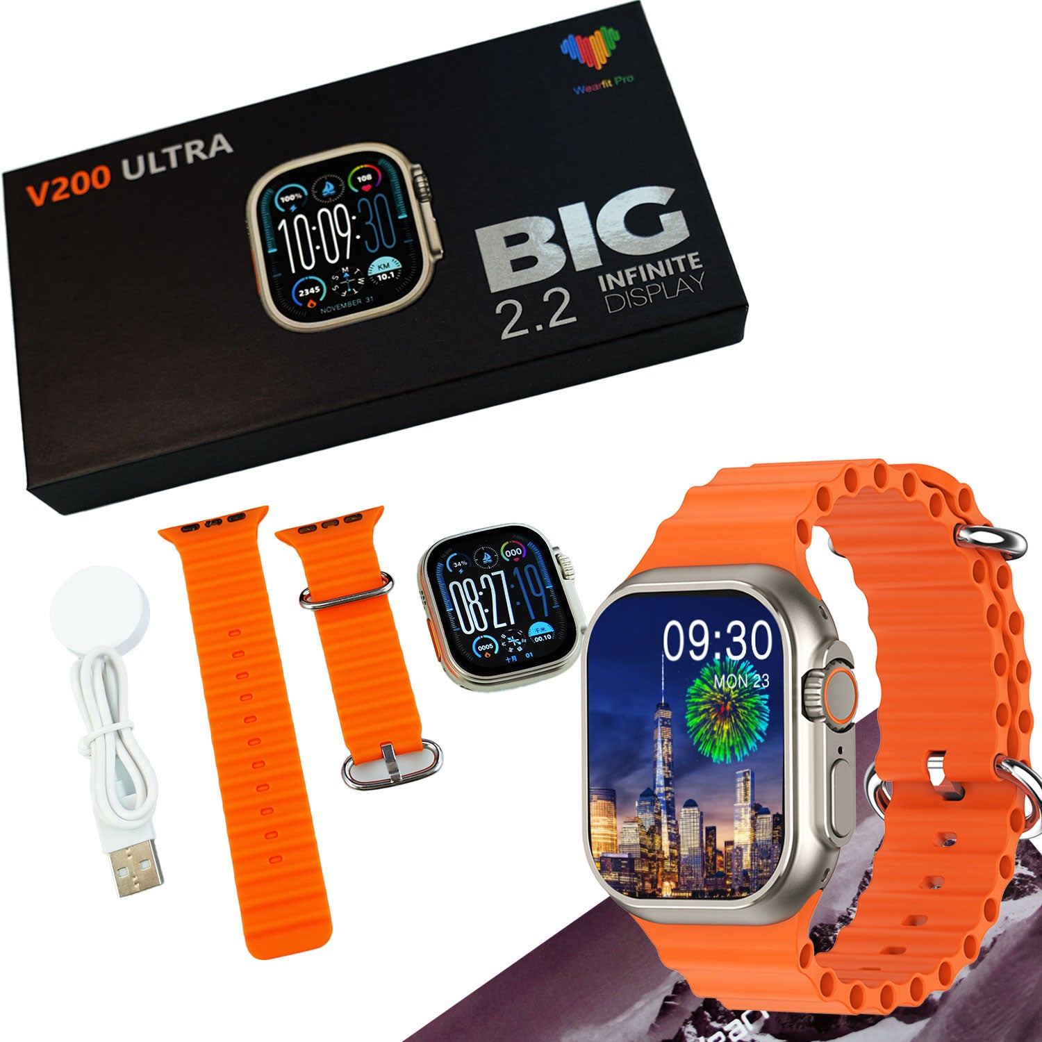 Prime Tech Store V200 Ultra Sport Smart Watch with large screen, waterproof IP68, and Wearfit Pro app in orange color.