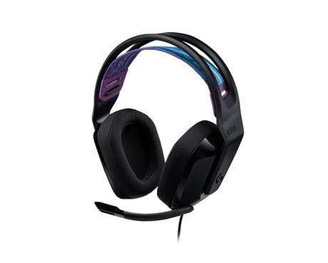 Logitech G335 wired gaming headset with 3.5mm audio jack, featuring adjustable headband and cushioned ear cups for comfort.