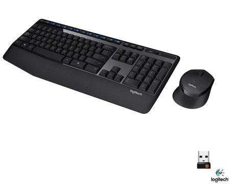 Wireless Logitech MK345 combo with full-sized keyboard and mouse, featuring sleek design and ergonomic keys.