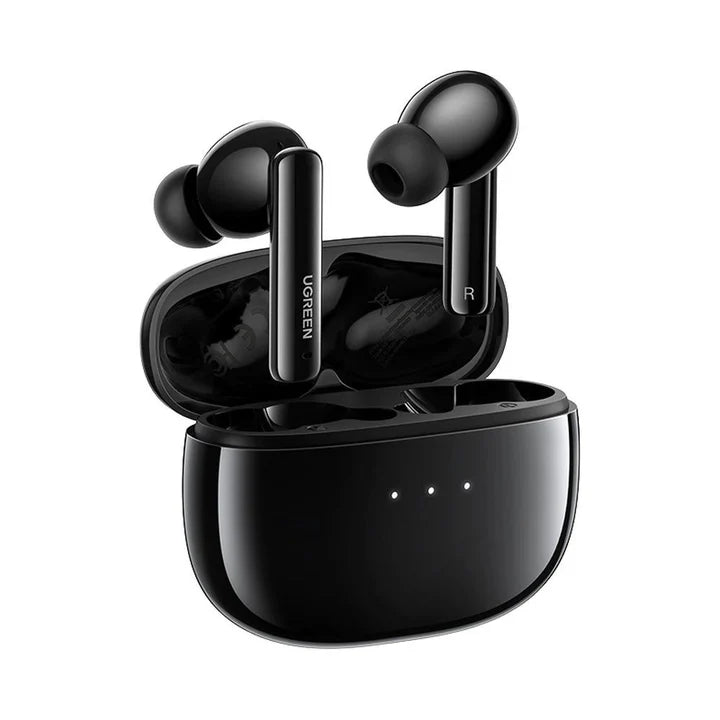 UGREEN HiTune T3 ANC wireless Bluetooth earbuds with charging case and in-ear design, black color, on a white background.