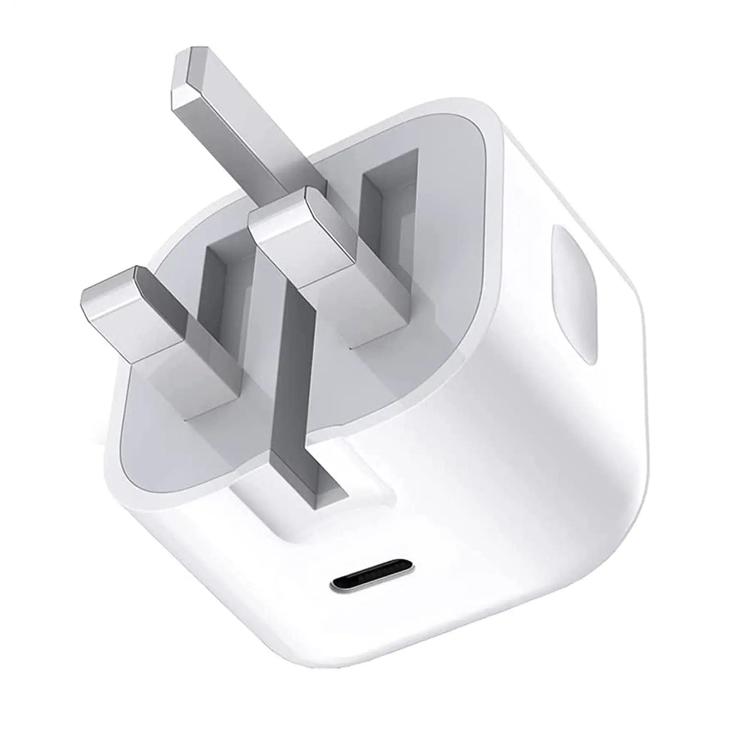 Prime Tech Store iPhone USB-C PD 20W power adapter charger with UK 3-pin plug, compact and efficient for fast charging.