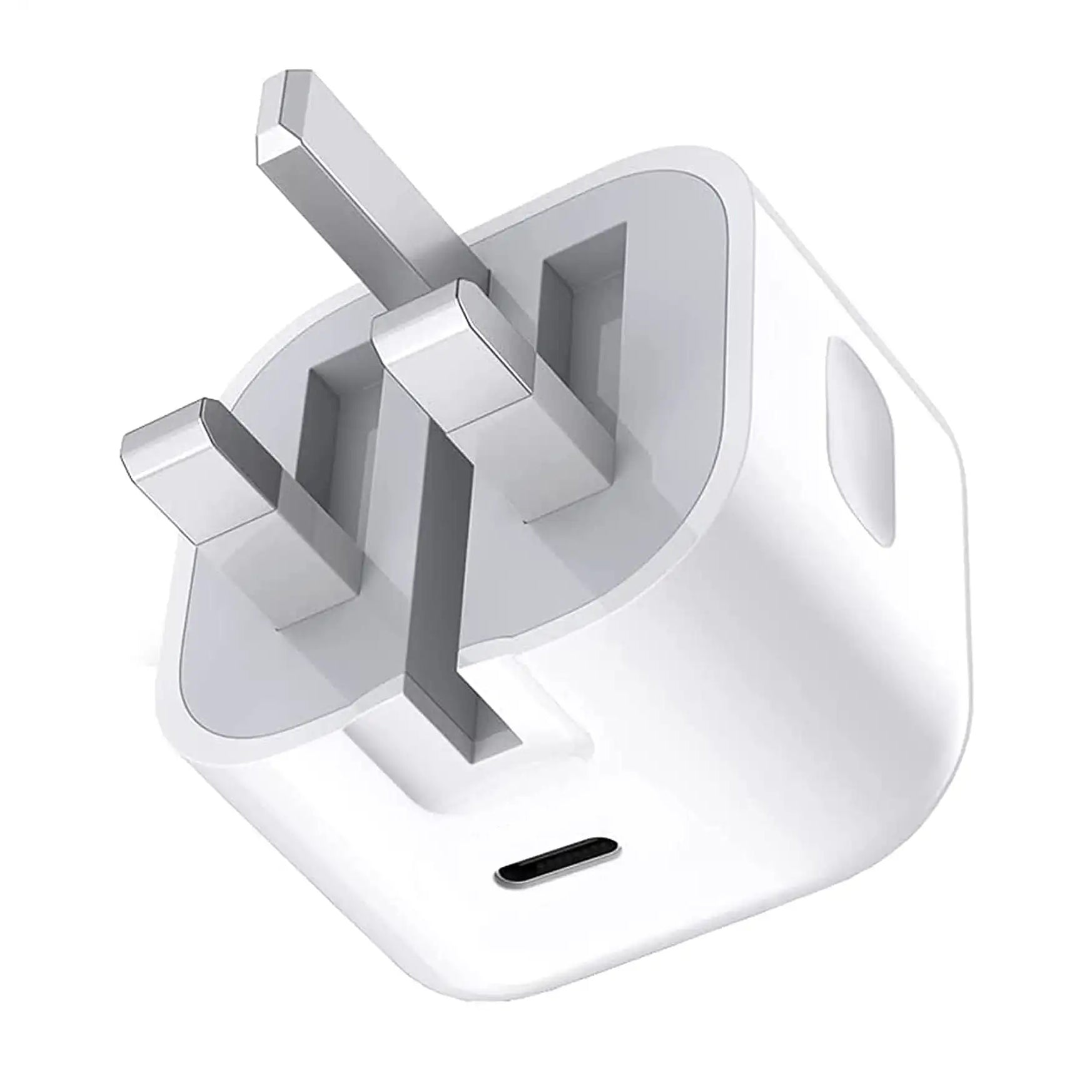 Prime Tech Store iPhone USB-C PD 20W power adapter charger with UK 3-pin plug, compact and efficient for fast charging.