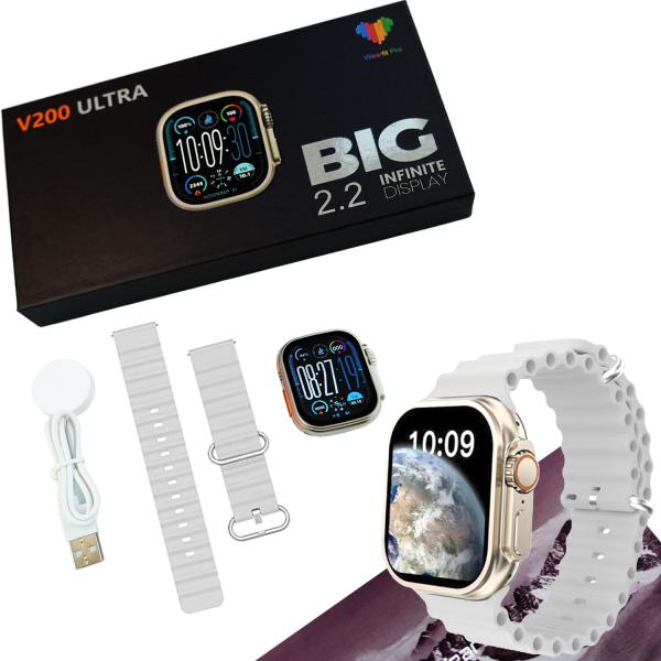 Prime Tech Store V200 Smart Watch with 2.2-inch large screen, grey color, waterproof IP68, fitness tracking, and Wearfit Pro app.