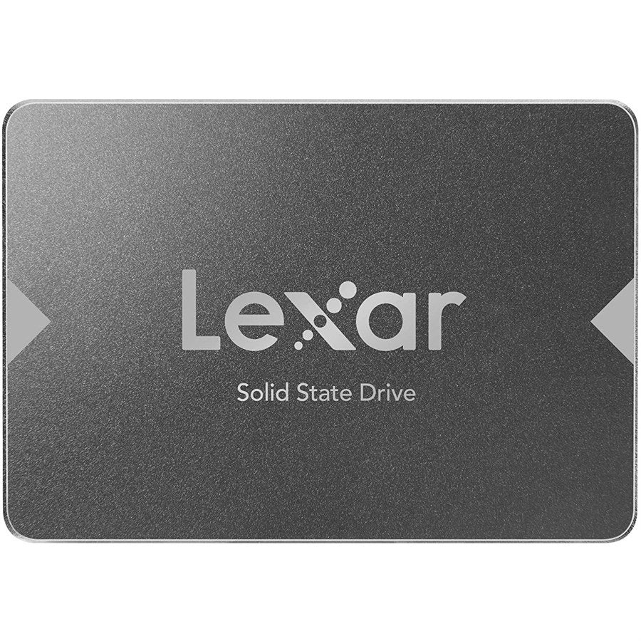 Lexar NS100 256GB 2.5-inch SATA SSD installed in a computer, showing the sleek black drive with label and connectors.