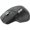 Logitech MX Master 4 wireless mouse with ergonomic design and multiple buttons, shown on a desk surface.
