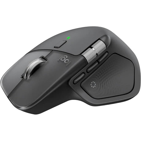 Logitech MX Master 4 wireless mouse with ergonomic design and multiple buttons, shown on a desk surface.