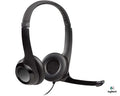 Logitech H390 USB headset with adjustable headband and in-line controls, featuring over-ear design and a flexible microphone boom.