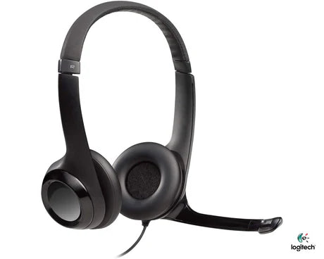 Logitech H390 USB headset with adjustable headband and in-line controls, featuring over-ear design and a flexible microphone boom.