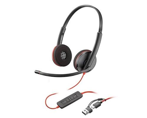 Poly C3220 headphone by Prime Tech Store, close-up of black over-ear headphones with cushioned ear cups and adjustable headband